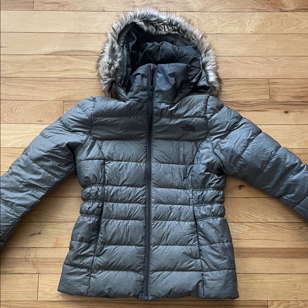 The North Face Women's Charcoal Puffer Jacket with Faux Fur Hood